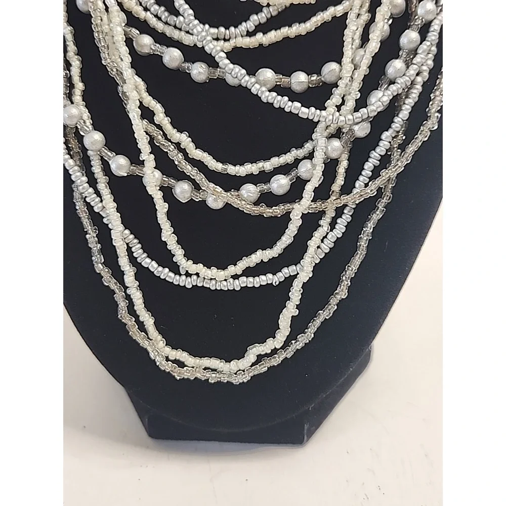 Mutli-Strand Layered Bib Necklace Silver Tones‎ W/ Glass Seed Beads 30